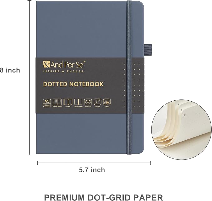 &And Per Se Dotted Journal Kit, A5 Hardcover Dot Grid Journal Notebook Set for Beginners with Journaling Supplies Stencils, Stickers, Washi Tapes & Colored Pens Accessories (Dark Blue)