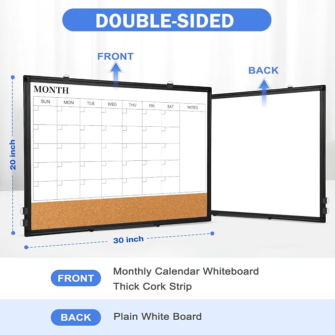 Monthly Calendar Whiteboard Dry Erase Cork Board Combo for Wall, 30" x 20" Double-Sided Calendar White Board and Bulletin Board with Black Aluminium Frame, Planning Board for Office, Home, School