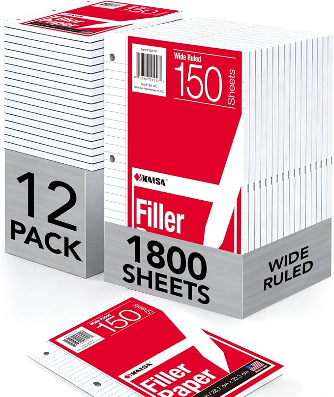 Kaisa loose Leaf Paper Filler Paper 1800 Sheets 8"x10.5",Wide Ruled, 3-Hole Punched for 3-Ring Binders, Carton of 12pack