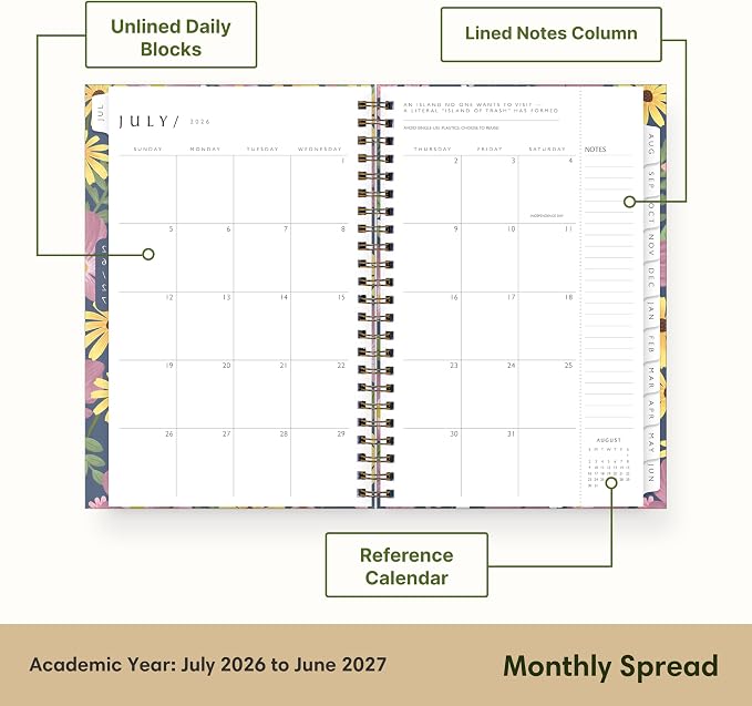 Blue Sky 2026-2027 Weekly & Monthly Academic Planner Calendar, 5"x8", Gail | July 2026 - June 2027, Flexible Cover From Recycled Plastic, Wirebound, Laminated Tabs, Storage Pocket, Academic Year