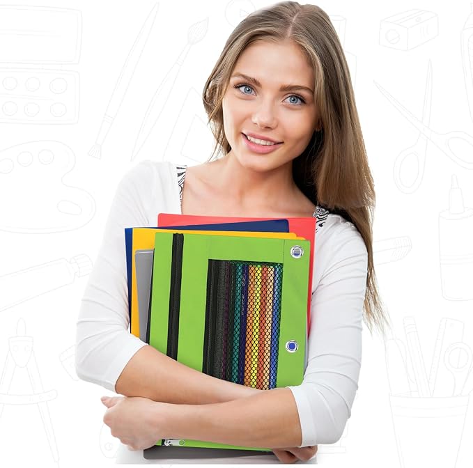 Pencil Pouch for 3 Ring Binder - 3 Hole Zipper Pen Case Bag Holder Bulk Accessories Clear Window Aesthetic Organizer Pockets (Grass Green)