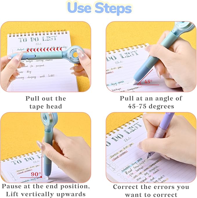 Temiary 4 Pack Correction Tape Pen, 6M/256" x 0.2" White Smooth Pull Out Tape Pens, Qucik Dry Easy to Use Applicator for Instant Corrections Study and Office Supplies (Morandi)