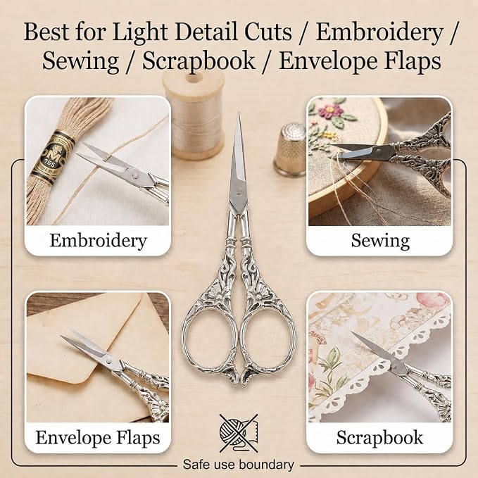 BIHRTC Vintage European Style Scissors Stainless Steel for Cross Stitch Cutting Embroidery Sewing Handcraft Craft Art Work DIY Tool(Silver)
