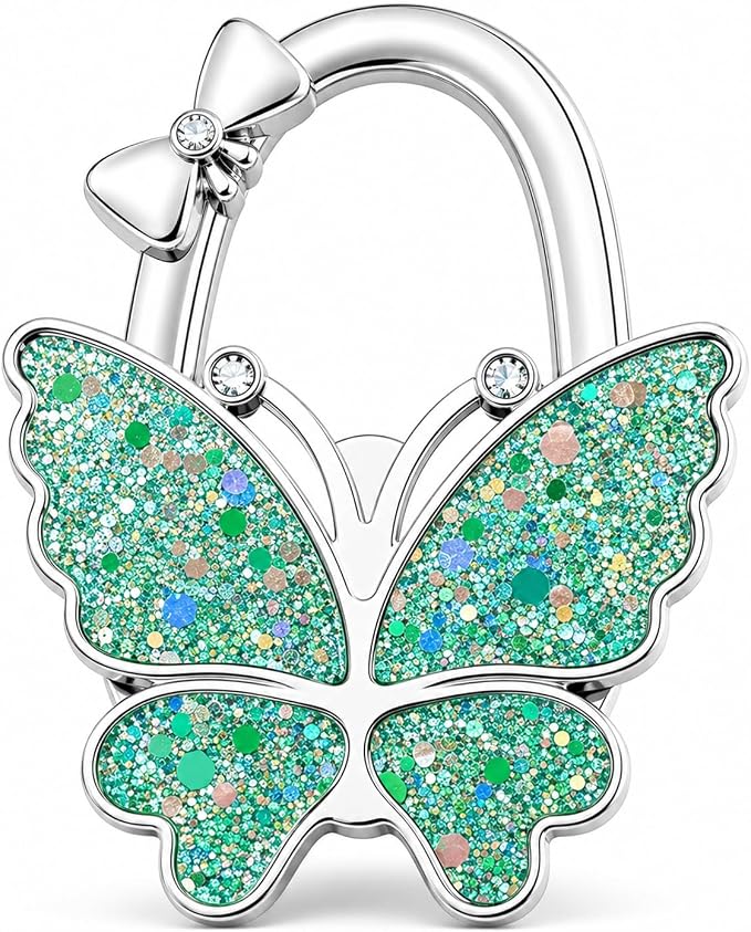 Purse Hook for Table, Foldable Handbag Hanger for Women, Portable Bag Holder with Non-Slip Base, Cute Star Green Butterfly Purse Table Hook for Restaurant Office Travel Gift