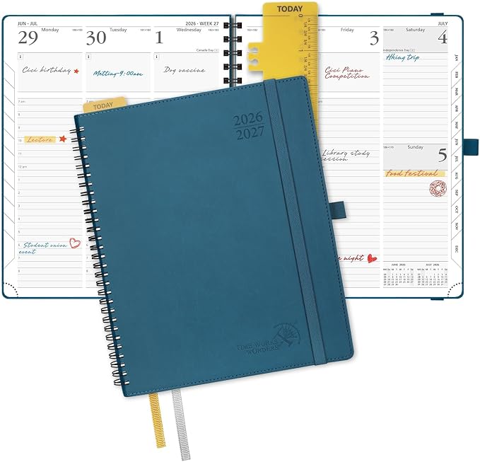 POPRUN Planner 2026-2027 (Large - 8.5'' x 10.5'') Academic Weekly Planner | Calendar(July 26-June 27) Appointment Book with Hourly Time Slots, Monthly Tabs, 100GSM, Spiral Leather Cover -Night Sky Blue