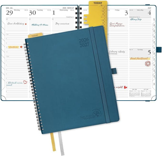 POPRUN Planner 2026-2027 (Large - 8.5'' x 10.5'') Academic Weekly Planner | Calendar(July 26-June 27) Appointment Book with Hourly Time Slots, Monthly Tabs, 100GSM, Spiral Leather Cover -Night Sky Blue