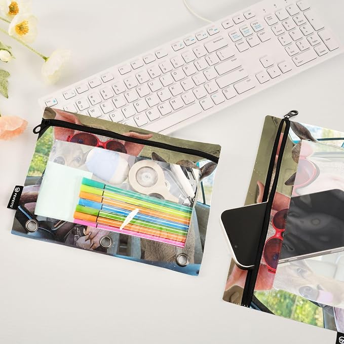 Gredecor Binder Pencil Pouch 3 Ring Pig Goat Driving Car Zipper Pencil Pouches Case 2 Pack Clear Binder Organizer for School Office