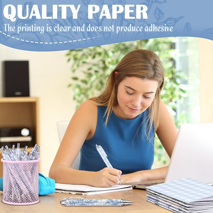 Motiskyy 24 Pcs Hydrangea Blue and White Floral Journal Pens Pastel Floral Patterns Ballpoint Pens Grandmillennial Aesthetic Notepads Set Line Notebook for Employee Gift Student School Office Supplies