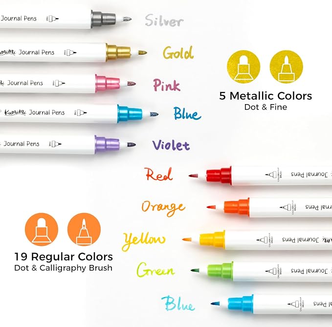 Ohuhu Journal Pens 24 Colors Dot Markers Dual Tip Coloring Markers - Kumimi | Calligraphy Brush & Dot for Adults Water-based Metallic & Regular Colors Dot Pens for Lettering Journal Scrapbooking