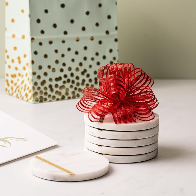 Cork & Mill Marble Coasters with Gold Brass Inlay, White, Set of 6 | Real Natural Semi Absorbent Stone, Modern Luxury Decor for Coffee Table, Office Desk or Bar Cart