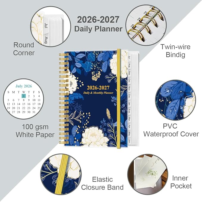 2026-2027 Daily & Monthly Planner - One Page Per Day, Daily Planner 26-27 from July 2026 to June 2027, Planner 2026-2027 with 12 Monthly Tabs, 6.4" x 8.5", Blue Leaf