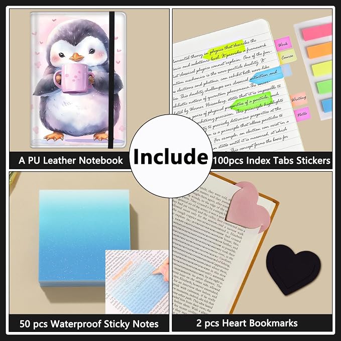 A5 Leather Lined Journal Notebook, 200 Pages Hardcover Executive Notebook for Office School Note Taking, Thick Writing Paper Daily Journal with Bookmarks/Indexes, Watercolor Penguin Coffee