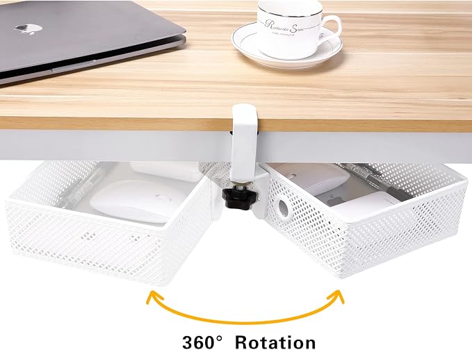 Mesh Desk Organizer and Clamp-on Swivel Pencil Drawer, Desk Hidden Desk Organizer Extra Sturdy C-Clamp Mount System and Easy to Instal, Home Office Art Supply Storage Box (White)