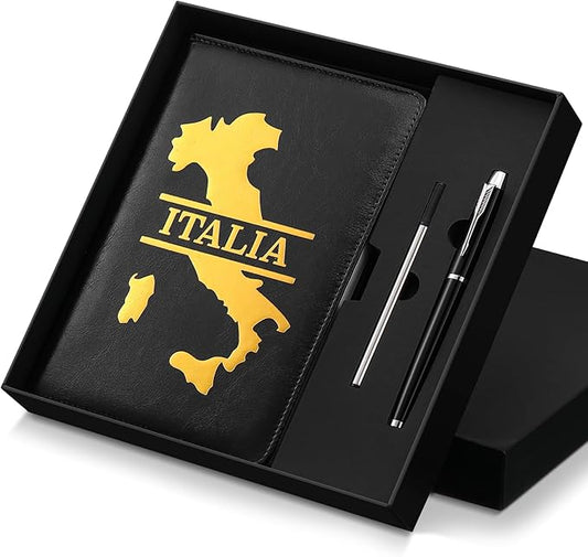 Thenshop 3Pcs Italy Souvenir Gift Set A5 Lined Leather Journal with Gold Embossed Map of Italy Notebook and Black Pen for Work, Business, School or Home Writing, Travel Planner, Gift Box Included