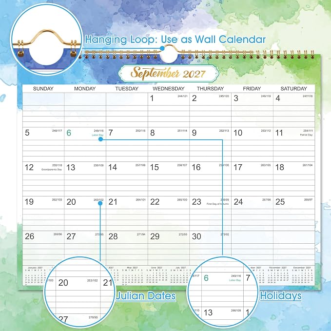 2027 Wall Calendar - 2027 Calendar, 12 Months Medium Wall Calendar 2027, Jan.2027 - Dec.2027, Monthly Calendar with Julian Date, 15 x 11.5 in, Twin-Wire Binding, Great for Hanging on The Wall, Color Design