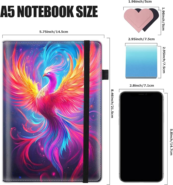 Hardcover Executive Notebooks, A5 PU Leather Lined Journal Notebook, 200 Pages Thick Paper Subject Notebooks for School,Work,Home Writing Business Notebook, Diary Book ，Synthwave Phoenix