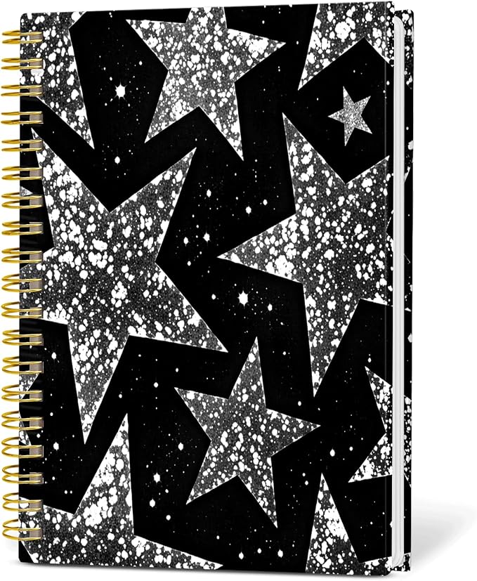 KZYVFNPQ Spiral Journal Notebook for Women Men, A5 Cute Hardcover Lined Notebook with Strong Binding,College Ruled Notebook for Office Work Writing(Star Black White Speckled)
