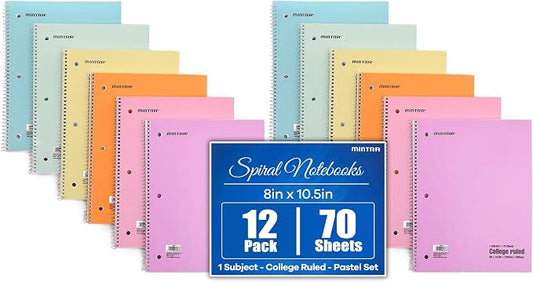 Mintra Office Spiral Notebooks, Wirebound, Journals for School, Work, Business, Aesthetic Stationery, Writing Pads, Teacher & Student Supplies (12, Pastel, College)