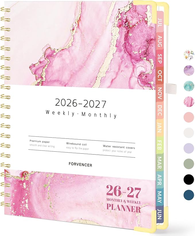 Forvencer Academic Planner 2026-2027, Hardcover Calendar Planner Weekly & Monthly, July 2026 - June 2027, 8.5" x 11", Daily Agenda with Tabs, College School Organizer for Student Teacher, Pink Marble
