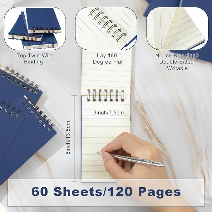 Tenceur 6 Pcs Pocket Notebook Bulk Small 3x5 Inch Spiral Notepads Mini Top Bound Notebook with Lined 120 Pages Ruled Memo Pads for Office College Nurse Essentials Back to School Gift (Blue)