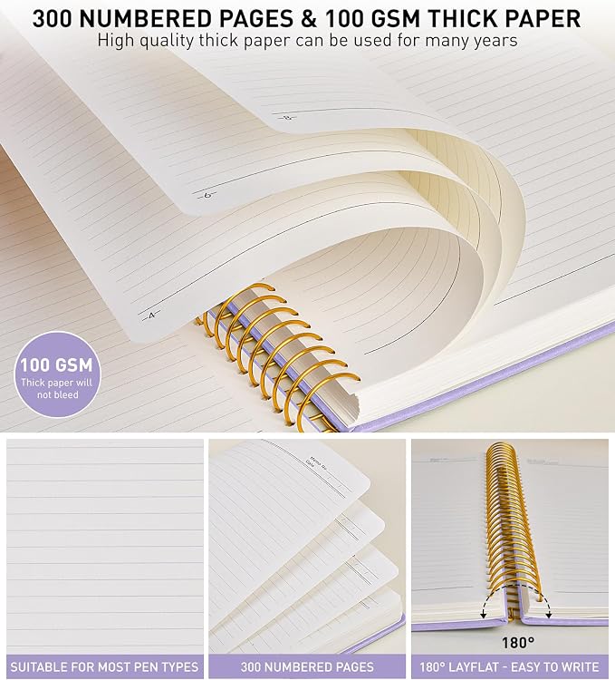 B5 Spiral Notebook Journal 7.6” x 10”, 300 Numbered Pages Hardcover Leather Journals for Women Men, Large Lined College Ruled Notebooks, 100GSM Thick Paper, Spiral Bound Journal for Work School, Purple