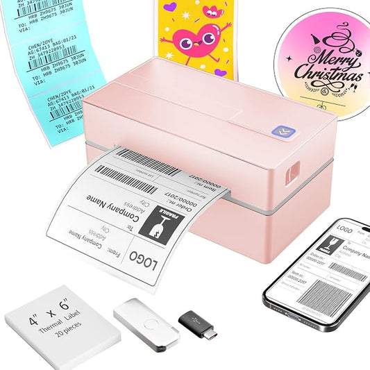 Thermal Shipping Label Printer 4x6 Bluetooth Label Maker for Small Business | Wireless Mailing Shipping Printer for USPS UPS Amazon Shopify Etsy - Compatible with iPhone Android Windows & Mac (Pink)