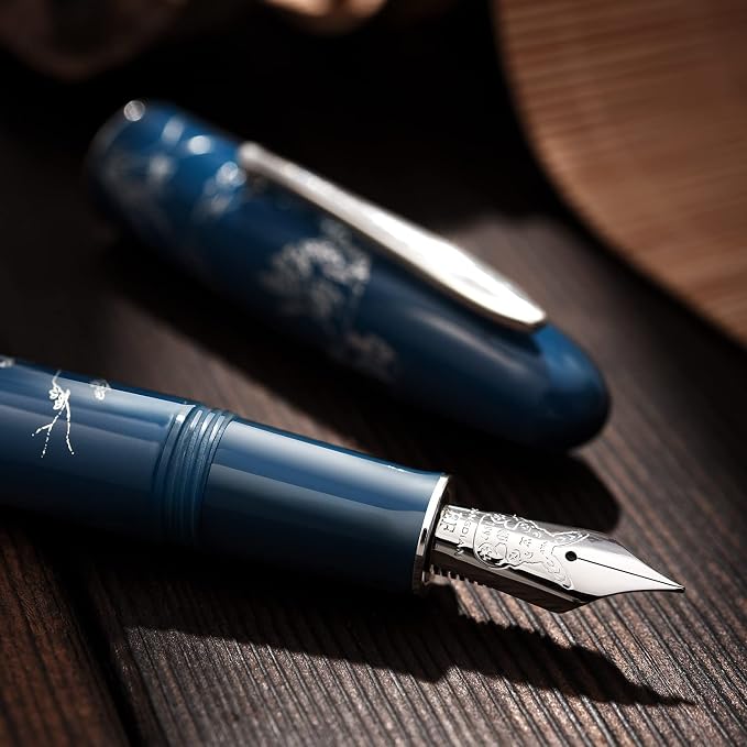 HONG DIAN N23 Blue Rabbit Fountain Pen, Iridium Extra Fine Nib Silver Trim, New Year Lucky Rabbit Carving Design, Smooth Writing Pen with Converter and Metal Pen Box Set