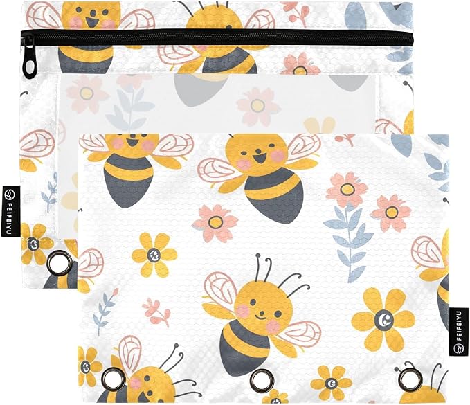 Funny Bee Honey Modern Pencil Pouch for 3 Ring Binder 2 Pack Zipper Binder Pencil Bag Case with Clear Window Office Supplies