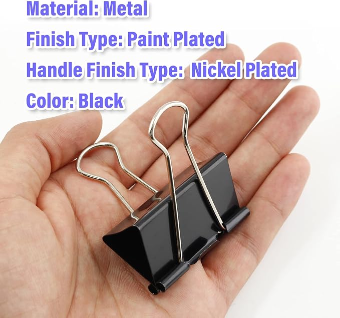 20 Pack 2" Black Binder Clips, 25mm Capacity Metal Office Clamps | Metal Paint-Plated, 51mm Wide 25mm Capacity, For Paper Document Photo Album School Office Home