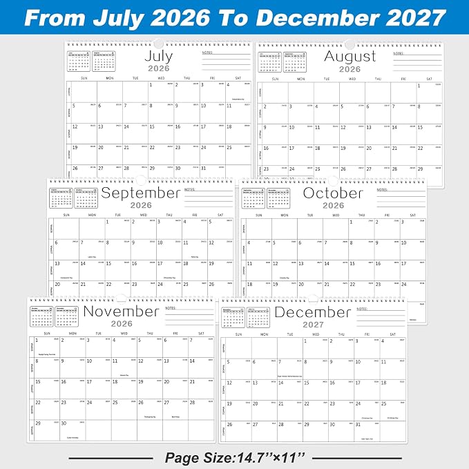 MZD8391 Calendar 2026-2027, Wall Calendar 2026-2027 From July 2026 To December 2027 18 Months, 14" x 11" Paper Calendars with Julian Date and Blank Block for New Year