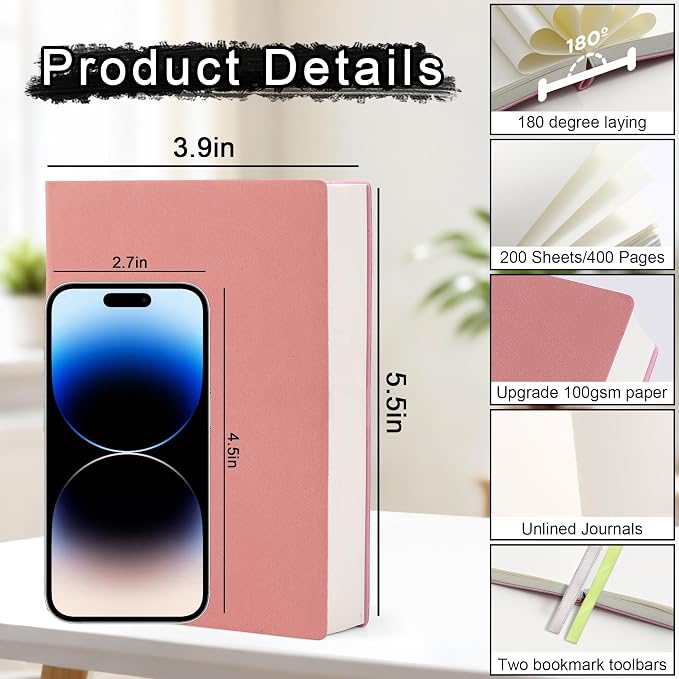 Thick Blank Journal Notebook 400 Pages, A6 Unlined Plain Sketchbook, 100gsm Thick Paper Hardcover Soft Leather Cover, No Lines Drawing Pad Memo Diary Writing Art Notepad ，3.9 × 5.5