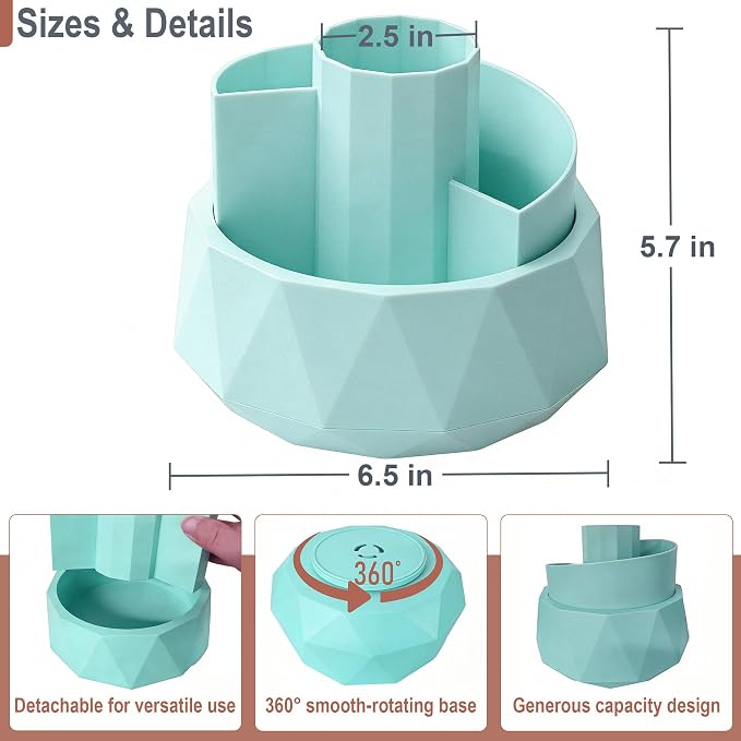 360° Rotating Pen Holder, Large Capacity Pencil Organizer with 4 Compartments for Office and Art Supplies (Blue)