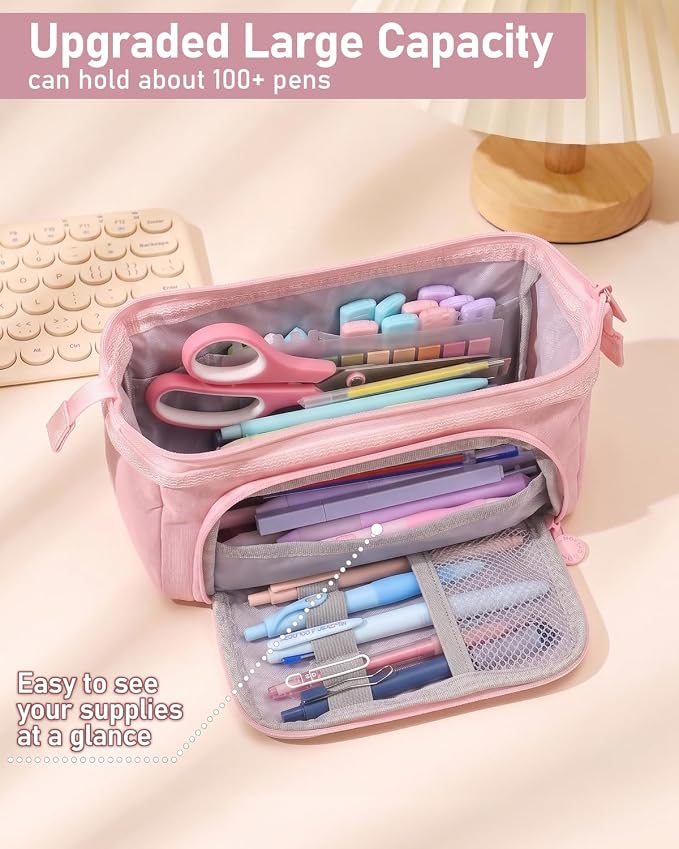 Nicpro School Supplies with Pen Case Pink, 52 PCS Stationery Set for Girls | Large Capacity Pencil Case with 12 Highlighters, 8 Pens, 10 Mechanical Pencil, 6 Multicolor Pen for back to school Essentials