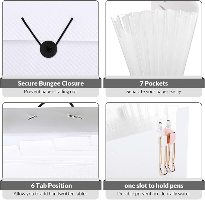 SKYDUE Expanding File Folder with 7 Pockets, Accordion File Organizer, Portable Folders for Documents, School Office Supplies Bungee Closure, Letter/A4 Size White