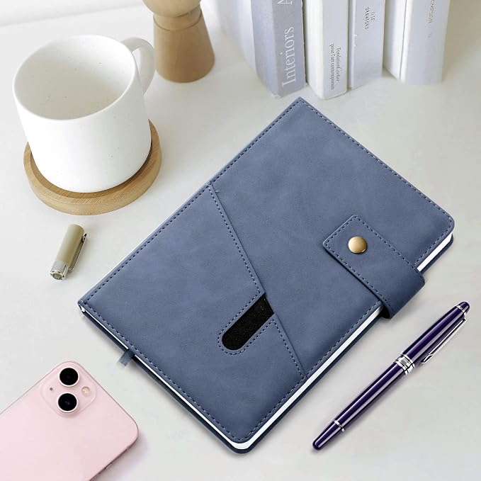 A5 Leather Journal Notebook with Pen, 200 Pages Hardcover Journal with Pocket, 100gsm Thick Lined Paper Daily Diary for Men and Women, Great Gift for Business School Travel Personal - Blue