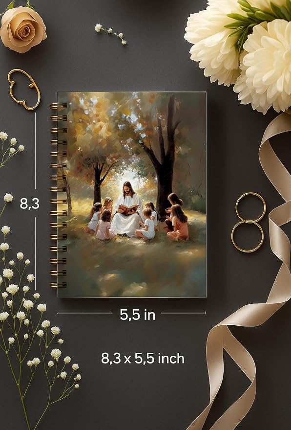bitCNY Christian Notebook 5.5x8.3 Inches – Jesus with Children Illustrated Faith Journal, Religious Spiral Notebook for Bible Study or Gifts