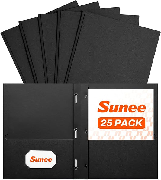 SUNEE 2 Pocket Folders with Prongs (25 Pack, Black), Paper Folders with 2 Pockets and 3 Prongs Fit Letter Size Paper, Folders with Prongs for School Office Home Business