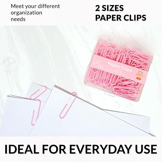 NEEWAY Colorful Paper Clips Assorted Sizes, Small and Large Paper Clips, 70 Count (Light Pink)