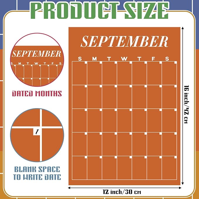 12 Pcs Colorful Undated Calendars 12‘'x16‘' Large Erasable Wall Calendar 12 Month Classroom Dry Ease Reusable Planning Colorful Yearly Blank Planner for Office Home Educational Study Room Class
