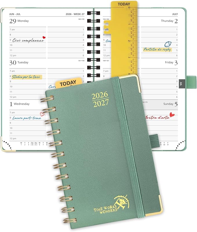 POPRUN Pocket Calendar 2026-2027,6.5" x 3.5" Pocket Planner | Jul 2026-Jan 2027 Small Planner for Purse,Inner-Pocket Weekly Planners with Hardcover, Tabs, Ruler, Pen Loop- Midnight Green