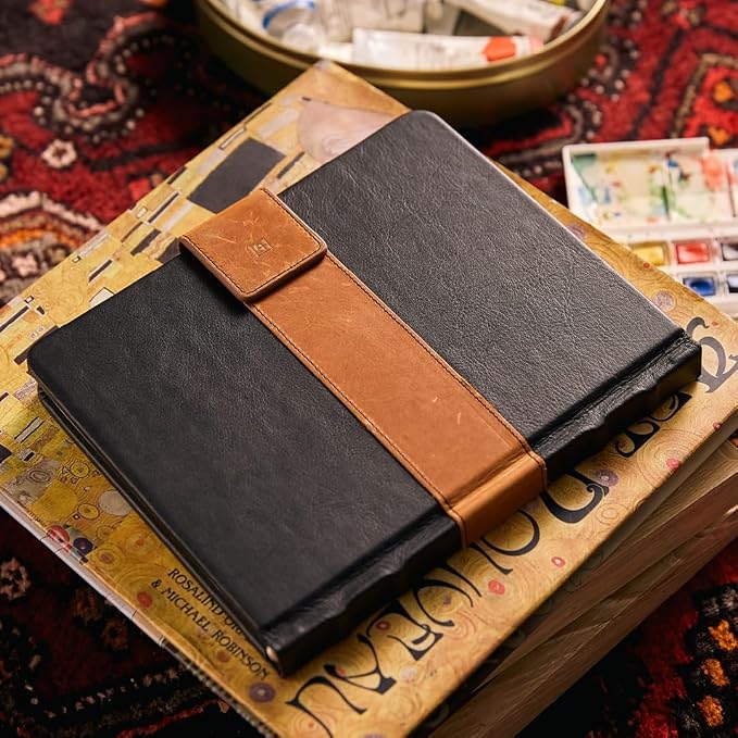 Leatherpress Luxury Leather Sketchbook, Hardcover Drawing Notebook | Pen Loop/Magnetic Closure, Acid Free 150gsm Thick Paper, Full-Grain Leather Artisan Collection (9.3” x 7.8” x .9”)