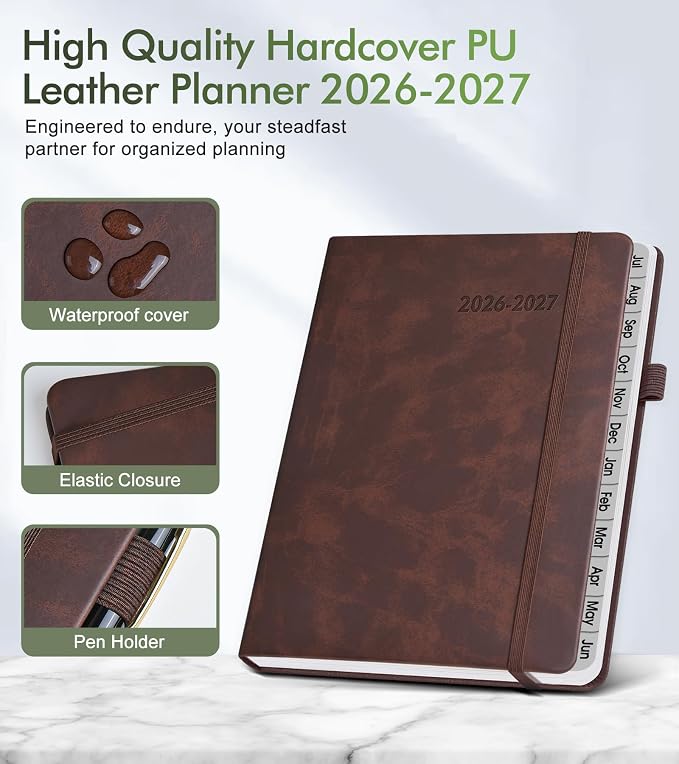 Planner 2026-2027, Academic Weekly and Monthly Calendar Planner from July 2026 - June 2027, Hardcover Leather Daily Agenda Book with Tabs, College School Organizer for Student Teacher, A5 (5.75" x 8.38"), Brown