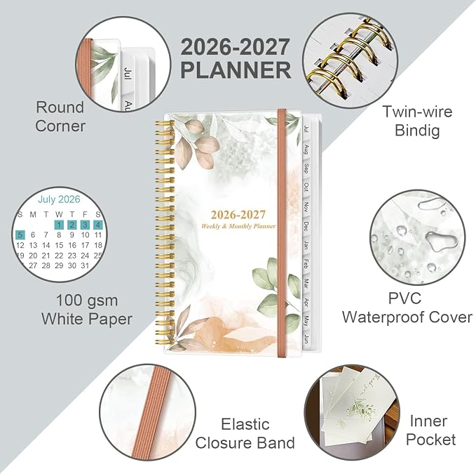 2026-2027 Pocket Planner/Calendar - 2026-2027 Planner from July 2026 - June 2027, Planner 26-27 with 12 Tabs, Twin-Wire Binding, Inner Pocket, 3.75" x 6.75, Rose Leaf