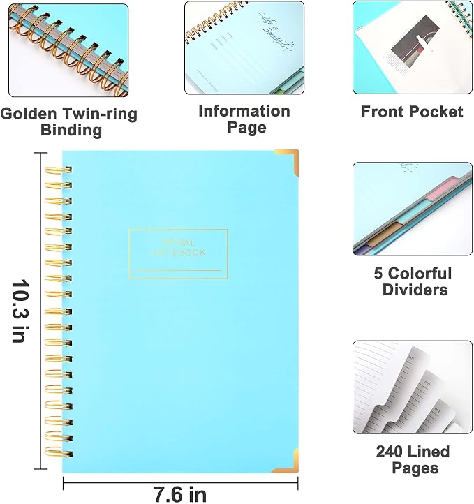 Yoment 2 Pack 5 Subject Notebook College Ruled, Hardcover Spiral Notebooks for Work School, B5 Multi Subject Notebook with Tabs Dividers, 240 Pages Lined Journal for Women Men, Pink&Blue