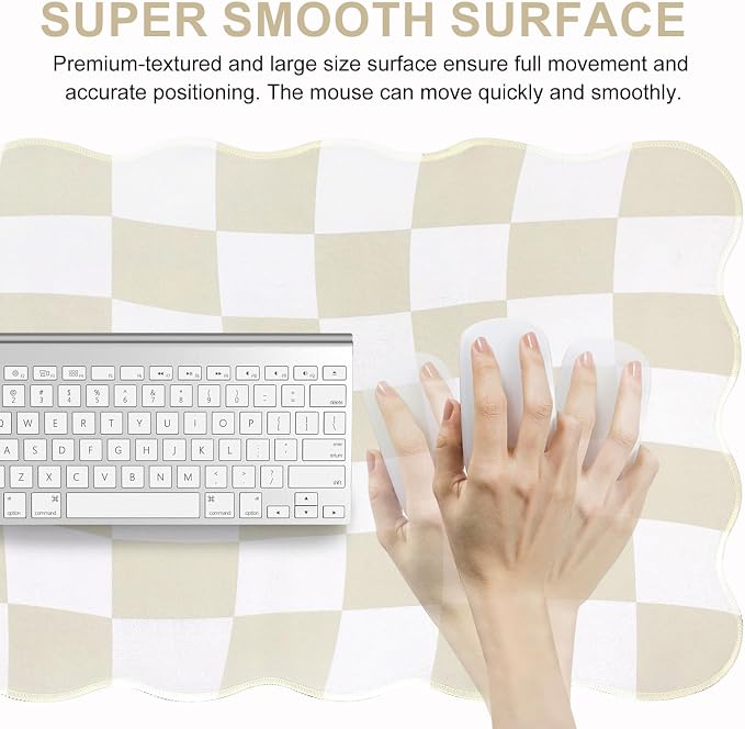 L-SPOUTTO Beige Checkered Mouse Pad,Scalloped Desk Mat XXL Large Geometric Gaming Mousepad,35.4x15.7in Non-Slip Rubber Base Keyboard Pad Waterproof Desktop Mat for Laptop Computer Game Home Office