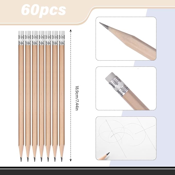 TecUnite 60 Pcs HB Pencils #2 Unsharpened Wood Cased Pencils with Eraser Hexagonal Pencil Cute Graphite No 2 Pen for Adults Gifts Exam School Office Sketching Learning (Wood Color, Silver)