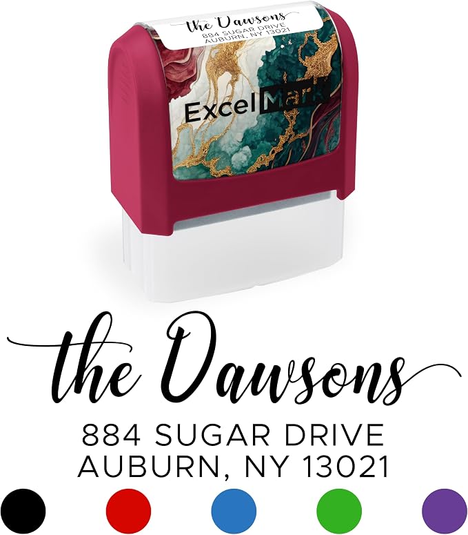 ExcelMark Custom Return Address Stamp (Maroon, Signature Script) | Custom Return Address Stamp with Elegant Designs, Vibrant Colors & Patterns – Perfect for Mail, Invitations & Gifts