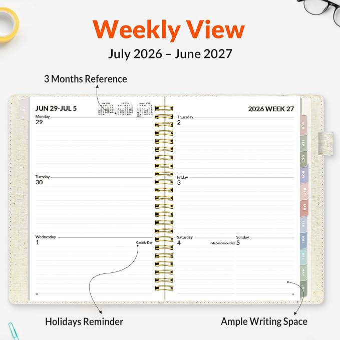 SUNEE 2026-2027 Weekly & Monthly Planner 6.4"x8.5" - 12 Month (July 2026 - June 2027), Vegan Leather Cover Planner Academic Year Calendar, Pocket, Notes, Monthly Tab, Beige
