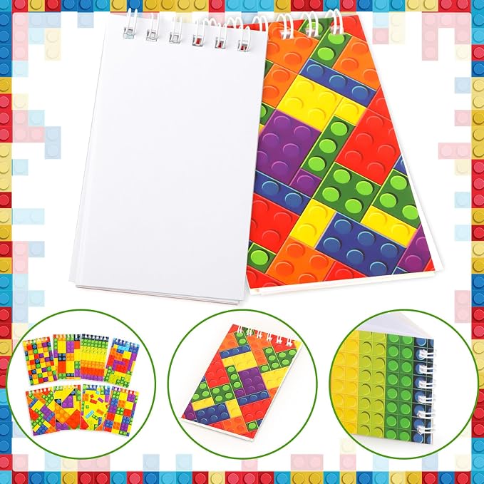 24 Pack Mini Building Block Notebooks Bulk Colorful Spiral Notepads Kids Carnival Theme Party Supplies Decoration for Teens Girls Boys Teacher Children Classroom Rewards