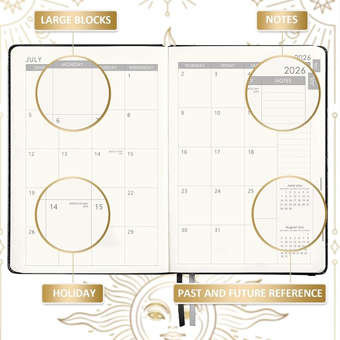 Planner 2026-2027 - Academic Planner 2026-2027, July 2026 - June 2027, 5.75" x 8.25", 2026-27 Weekly and Monthly Planner, Faux Leather planner 26-27 with Back Pocket & 40 Notes Pages - The Sun
